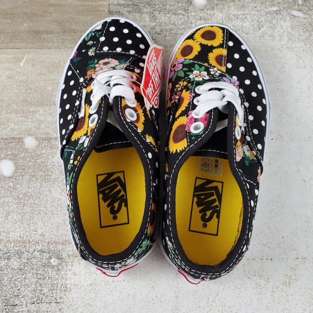 Vans Authentic Kids Shoes Sz 12 Black Yellow Sunflower Patchwork Print Sneakers